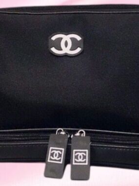 CHANEL Black and Silver Logo Zip Cosmetic Case